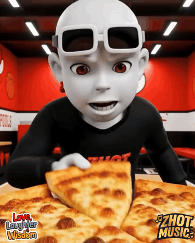 A Cartoon Character Is Eating A Slice Of Pizza With The Words Love Laughter Wisdom Behind Him GIF
