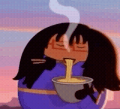 A Cartoon Character Is Eating Noodles With Chopsticks From A Bowl . GIF