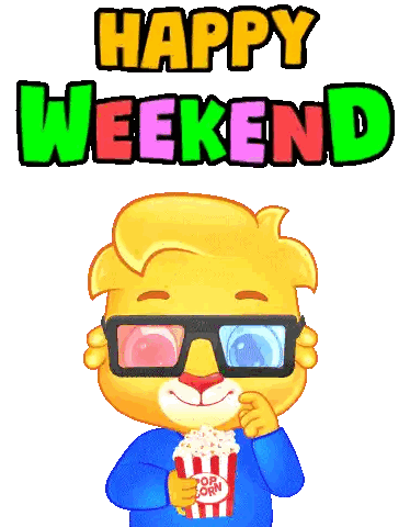 A Cartoon Character Is Eating Popcorn And Wearing 3D Glasses With The Words Happy Weekend Below Him Sticker