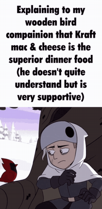 A Cartoon Character Is Explaining To His Wooden Bird Companion That Kraft Mac & Cheese Is The Superior Dinner Food GIF