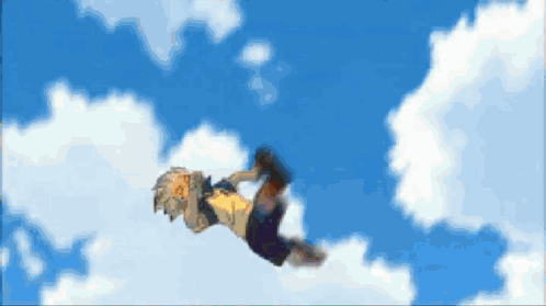 A Cartoon Character Is Falling Through The Air With A Blue Sky In The Background GIF