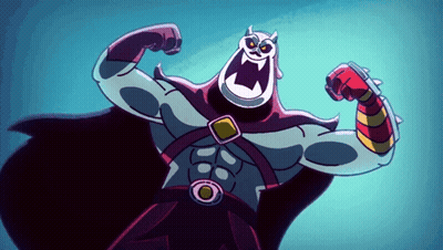 A Cartoon Character Is Flexing His Muscles And Has A Cape On GIF