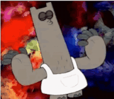 A Cartoon Character Is Flexing His Muscles In Front Of A Fire Background GIF