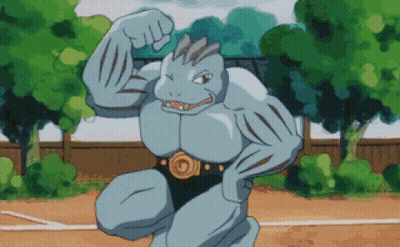 A Cartoon Character Is Flexing His Muscles While Wearing A Belt With The Letter G On It GIF