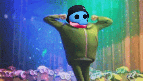 A Cartoon Character Is Flexing His Muscles With A Blue Mask On His Face GIF