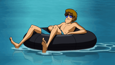 A Cartoon Character Is Floating On A Black Inner Tube In A Pool GIF