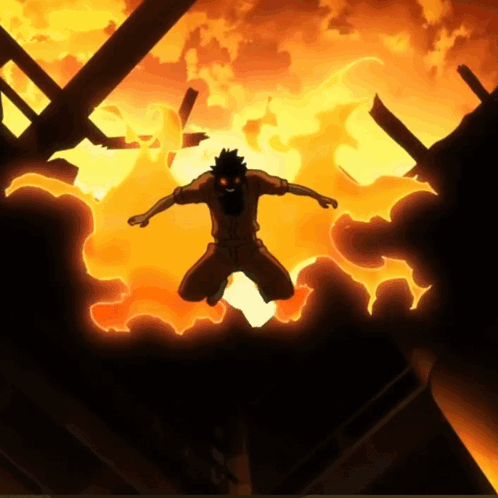 A Cartoon Character Is Flying Through A Fire GIF