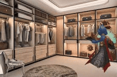 A Cartoon Character Is Flying Through A Walk In Closet Filled With Lots Of Clothes . GIF