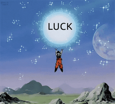 A Cartoon Character Is Flying Through The Air Holding A Sphere That Says Luck GIF