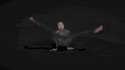 A Cartoon Character Is Flying Through The Air In A Dark Room While Wearing Flippers . GIF