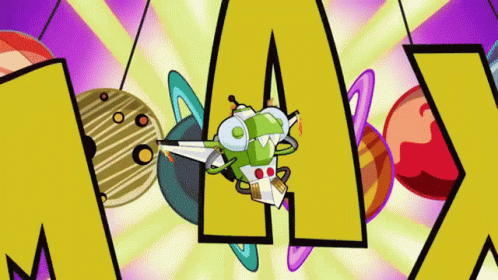 A Cartoon Character Is Flying Through The Air In Front Of A Large Letter A GIF