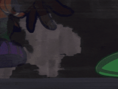 A Cartoon Character Is Flying Through The Air On A Yellow And Orange Object GIF