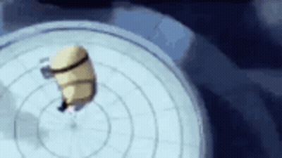 A Cartoon Character Is Flying Through The Air On Top Of A Circle . GIF
