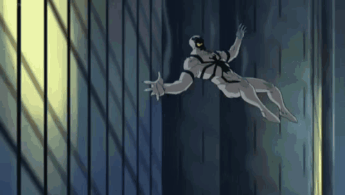 A Cartoon Character Is Flying Through The Air While Wearing A White Suit And Black Mask . GIF