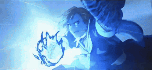 A Cartoon Character Is Flying Through The Air With A Blue Light Behind Him GIF
