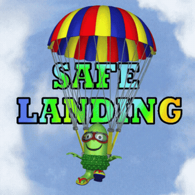 A Cartoon Character Is Flying Through The Air With A Colorful Parachute That Says Safe Landing GIF