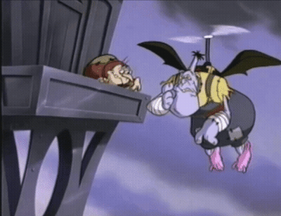 A Cartoon Character Is Flying Through The Air With A Helicopter Attached To It . GIF