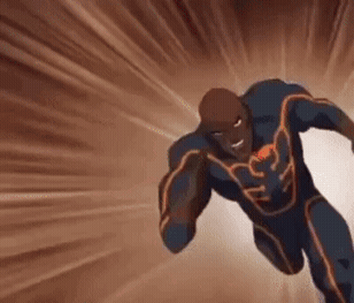 A Cartoon Character Is Flying Through The Air With A Light Behind Him . GIF