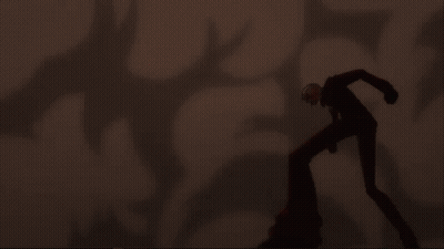 A Cartoon Character Is Flying Through The Air With A Sword In His Hand GIF