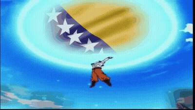 A Cartoon Character Is Flying Through The Air With A Yellow And Blue Flag In The Background GIF