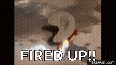 A Cartoon Character Is Flying Through The Air With The Words Fired Up . GIF