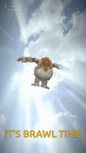 A Cartoon Character Is Flying Through The Air With The Words " It 'S Brawl Time " Above Him GIF