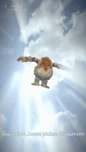 A Cartoon Character Is Flying Through The Air With The Words Juuso Kun Juuso Pickaa Gragaksen Below Him GIF