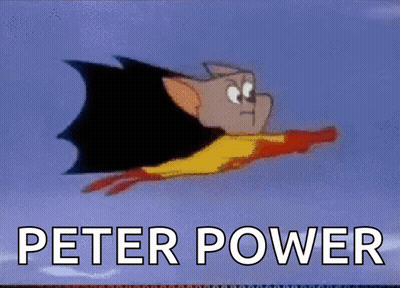 A Cartoon Character Is Flying Through The Air With The Words Peter Power Above Him GIF