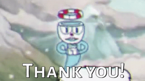 A Cartoon Character Is Flying Through The Air With The Words `` Thank You '' Written Below Him . GIF