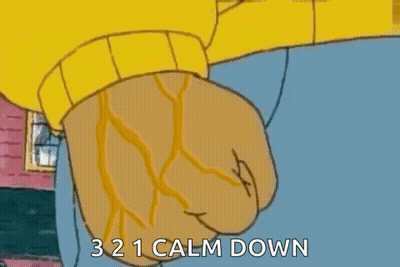 A Cartoon Character Is Giving A Fist Bump With The Words `` Calm Down '' Written On It . GIF