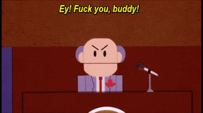 A Cartoon Character Is Giving A Speech And Says " Ey ! Fuck You Buddy " GIF