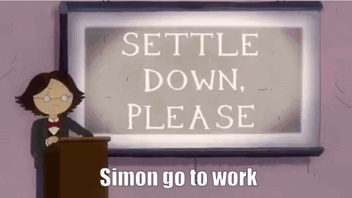 A Cartoon Character Is Giving A Speech In Front Of A Sign That Says " Settle Down Please " GIF