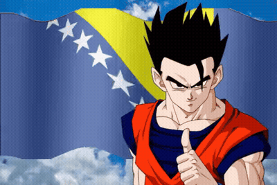 A Cartoon Character Is Giving A Thumbs Up In Front Of A Blue And Yellow Flag GIF