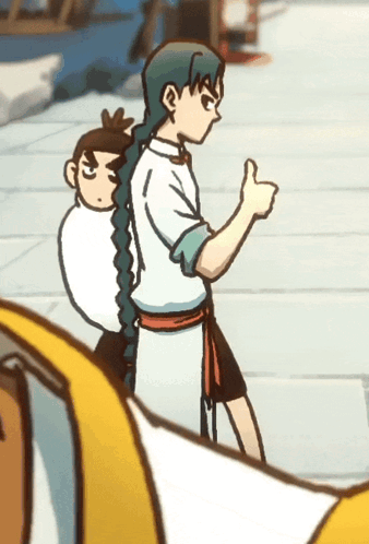 A Cartoon Character Is Giving A Thumbs Up While Carrying Another Character On His Back GIF
