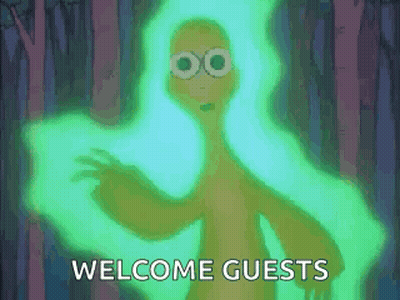A Cartoon Character Is Glowing In The Dark With The Words Welcome Guests Behind Him GIF