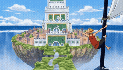 A Cartoon Character Is Hanging From A Pole In Front Of A Building That Says " Enies Lobby " GIF