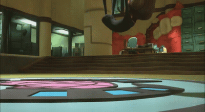 A Cartoon Character Is Hanging From A Rope In A Hallway GIF