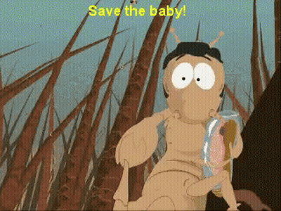 A Cartoon Character Is Holding A Baby And The Words Save The Baby Are Above Him GIF
