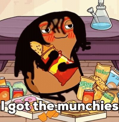A Cartoon Character Is Holding A Bag Of Chips And A Sandwich . GIF
