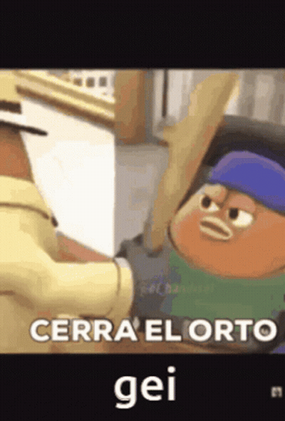 A Cartoon Character Is Holding A Baseball Bat And Says `` Cerra El Orto , Gei '' . GIF