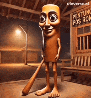 Cartoon Character Holding Baseball Bat Pintu Posi Ron Sign GIF