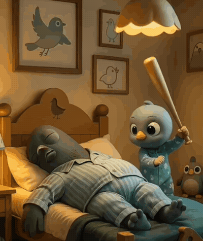 A Cartoon Character Is Holding A Bat Next To A Sleeping Character GIF