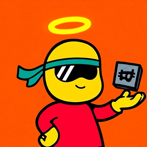 A Cartoon Character Is Holding A Block With A Bitcoin Symbol On It GIF