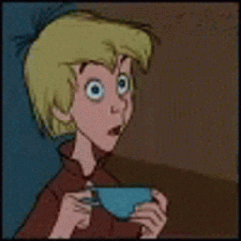 A Cartoon Character Is Holding A Blue Cup Of Tea . GIF