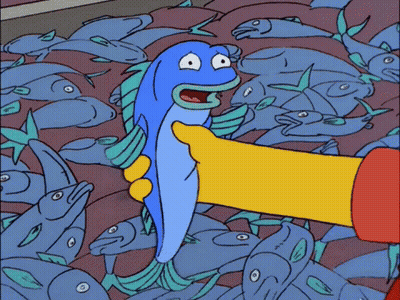 A Cartoon Character Is Holding A Blue Fish In Front Of A Crowd Of Fish GIF
