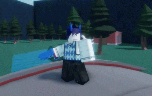 A Cartoon Character Is Holding A Blue Gun In Front Of A River GIF