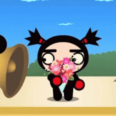 A Cartoon Character Is Holding A Bouquet Of Pink Flowers GIF