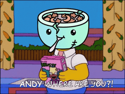 A Cartoon Character Is Holding A Box Of Krusty Krab Cereal And Says Andy Where Are You GIF