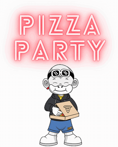 A Cartoon Character Is Holding A Box Of Pizza With The Words Pizza Party Behind Him GIF