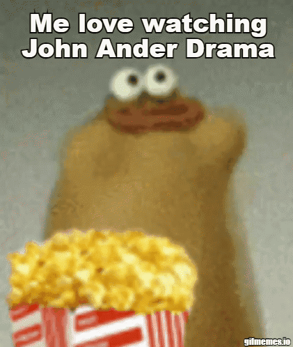 A Cartoon Character Is Holding A Bucket Of Popcorn And Says Me Love Watching John Ander Drama GIF